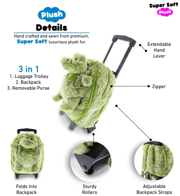 Dollibu Alligator Plush Trolley & Purse Set - 3-in-1 Kids Trolley, Backpack & Green Alligator Purse, Plush Backpack on W