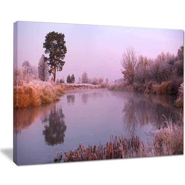Design Art Misty Autumn Sunrise Over River - Landscape Print Wall Artwork - Yellow - 60 in. Wide x 28 in. High