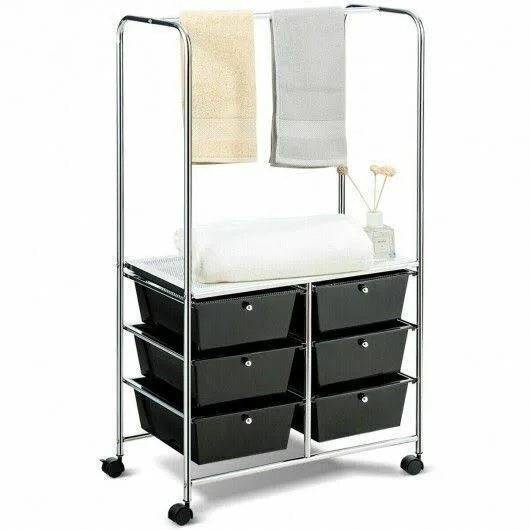 6 Drawer Rolling Storage Cart with Hanging Bar -Black