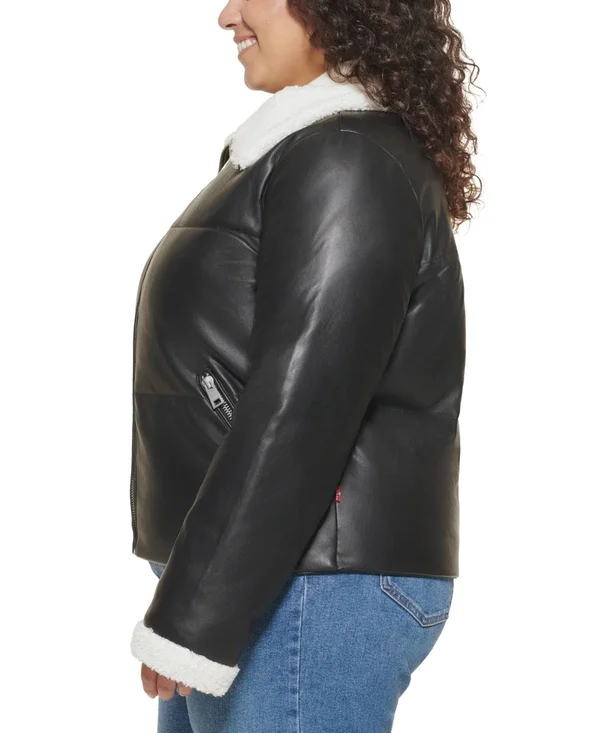 Levi&s Trendy Plus Size Sherpa-Trimmed Faux-Leather Puffer Jacket - Black/Cream