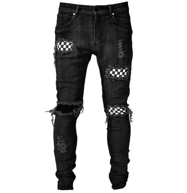 Men's Black Checkered Denim - Skinny Fit, Bleach Paint Splatters