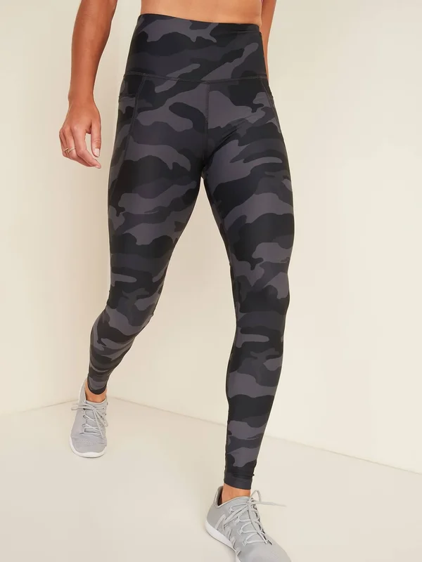 Old Navy Women's High-Waisted Elevate Powersoft Side-Pocket Leggings - Black/Gray Camo - Petite Size L