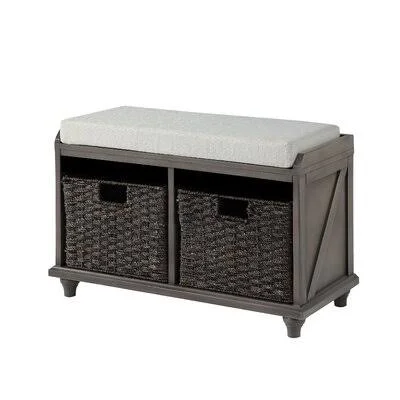 Homes Collection Wood Storage Bench with 2 Woven Baskets, Grey Alcott Hill Color: Gray