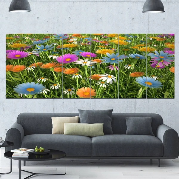 Design Art &Different Color Flowers in Field& Photographic Print Multi-Piece Image on Canvas, Size: 83 in. Wide x 32 in. High