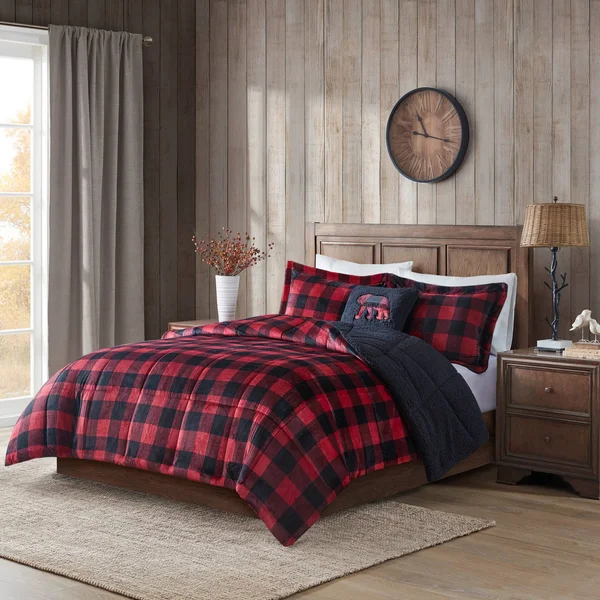 Woolrich Alton Plush to Sherpa Down Alternative Comforter Set (Red/Black Buffalo Check - King)