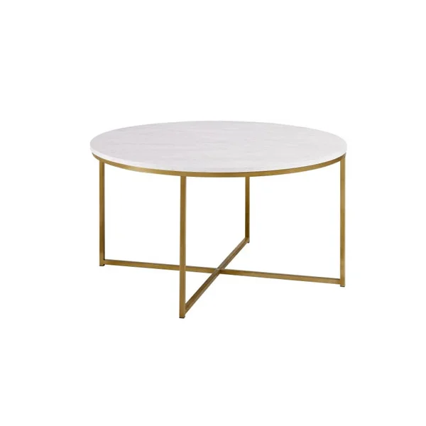 Delacora WE-BDF36ALCTM Chloe 36x22 Diameter Faux Marble Top Coffee Table with Gold Marble with Gold