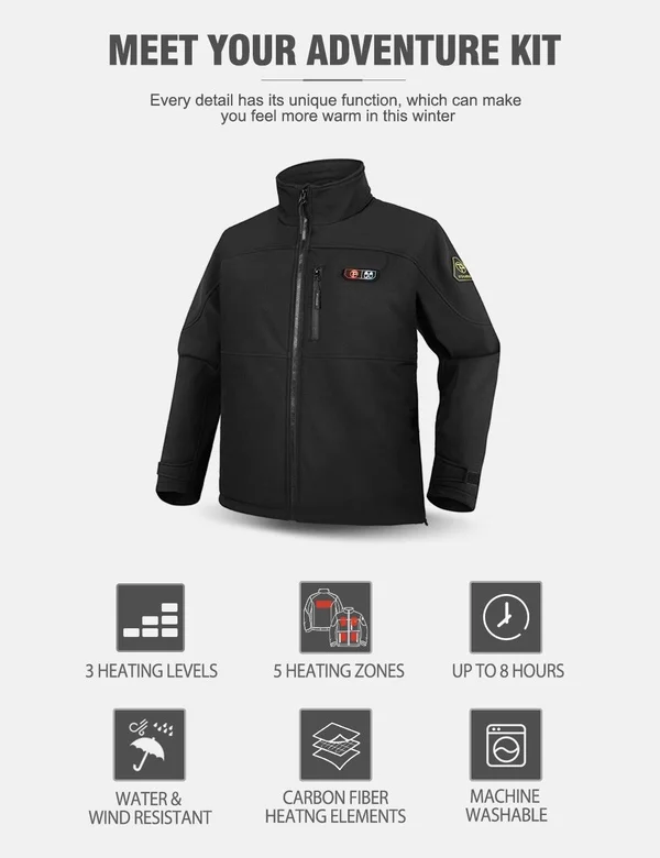 PTAHDUS Men's Heated Jacket Soft Shell with Hand Warmer - with 7.4V