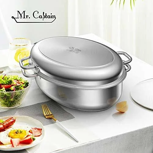 Mr Captain Roasting Pan with Rack and Lid 8.5 Quart, 18/10 Stainless Steel Multi-Use Oval Roaster, Induction Compatible Dishwasher
