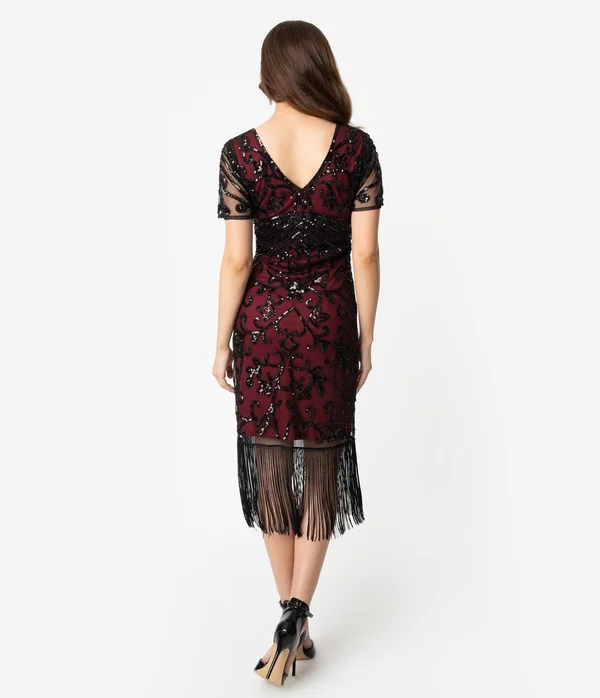 Unique Vintage Burgundy Red & Black Beaded Sleeved Troyes Cocktail Flapper Dress, Size L/10-12