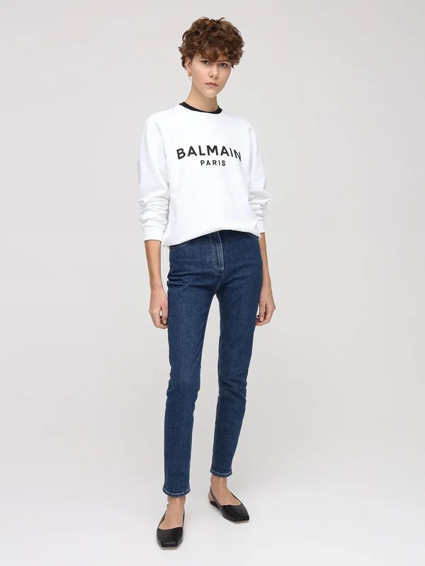 Balmain, Women Logo Printed Cotton Sweatshirt White/Black Xxs