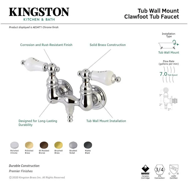Kingston Brass AE33T8 Vintage 3-3/8x22 Wall Mount Tub Faucet - Brushed Nickel