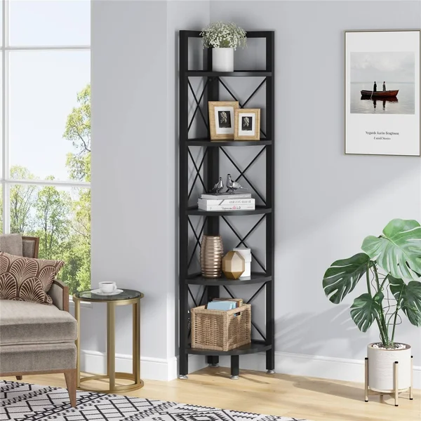 5 Tier Corner Shelf Unit Bookshelf Storage Rack Plant Stand - Black