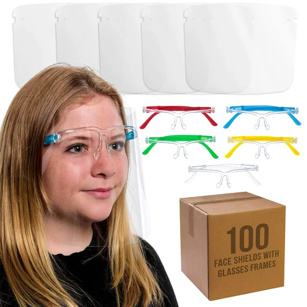 Salon World Safety 100 Kids Face Shields with Glasses Frames (20 Packs of 5) - 5 Colors - 20 Each - Protective Children's Full Fa