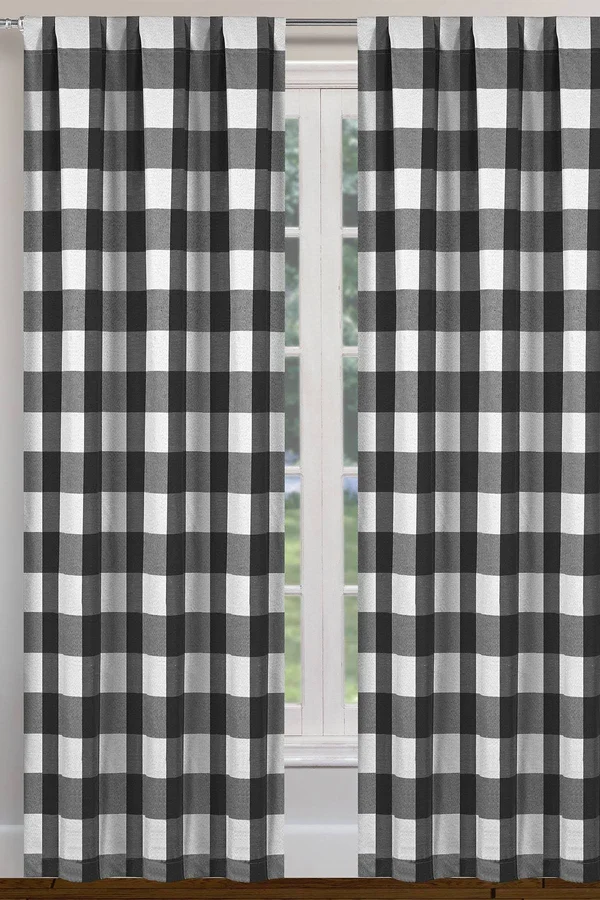 Blackout 365 Aaron Buffalo Checkered Blackout Curtain Set - 37x22 W x 84x22 L, Black (Rod Pocket)