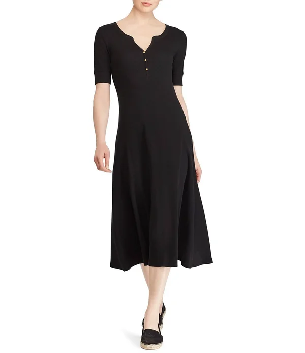 Lauren Ralph Lauren Waffle-Knit Cotton Fit & Flare Dress - Polo Black