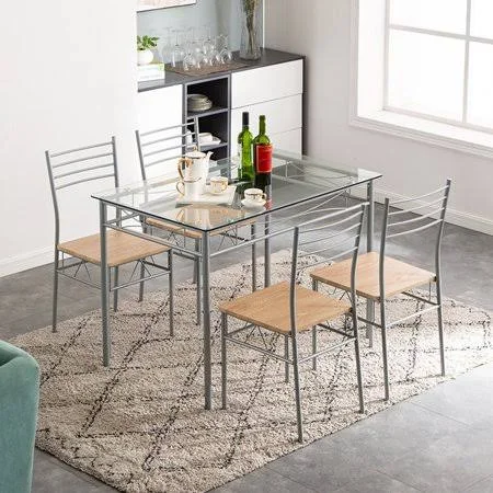 5 Pieces Dining Room Table Set - Urhomepro Elegant Dining Table Set, Tempered Glass Top Home Kitchen Table with 4 Wood and Iron T