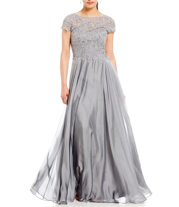 La Femme Lace Bodice Chiffon A Line Gown - Platinum 6