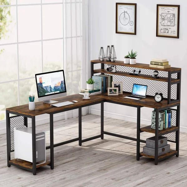 Tribesigns 67 inch Large L-Shaped Computer Desk with Hutch and Bookshelf - Home Office Desk with Storage Shelves and CPU Stand, B
