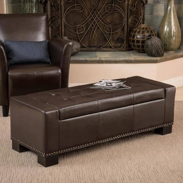 Noble House Luciano Brown Bonded Leather Storage Bench with Studs