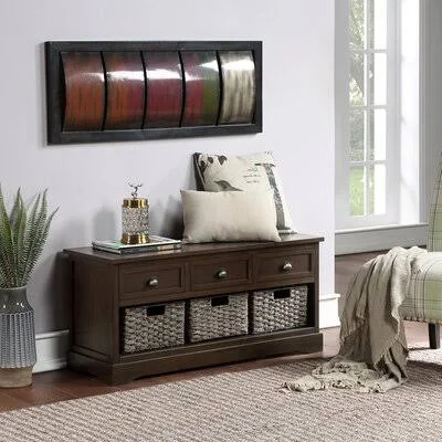 Storage Bench Homes Collection Wicker Storage Bench with 3 Drawers and 3 Woven Baskets, Wood Entryway Shoe Bench August Grove Co