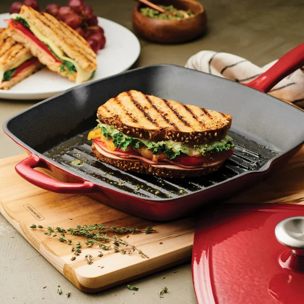 Tramontina Gourmet Enameled Cast Iron 11 in Grill Pan with Press - Red