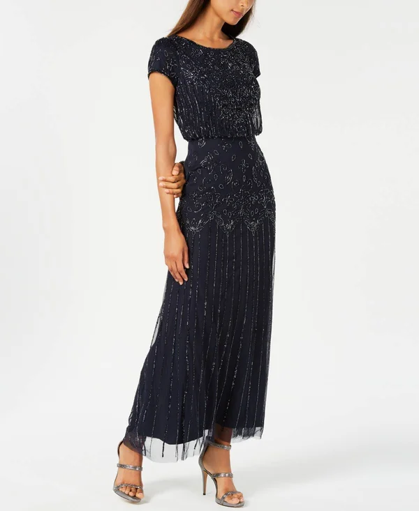 Adrianna Papell Petite Beaded Blouson Gown - Navy