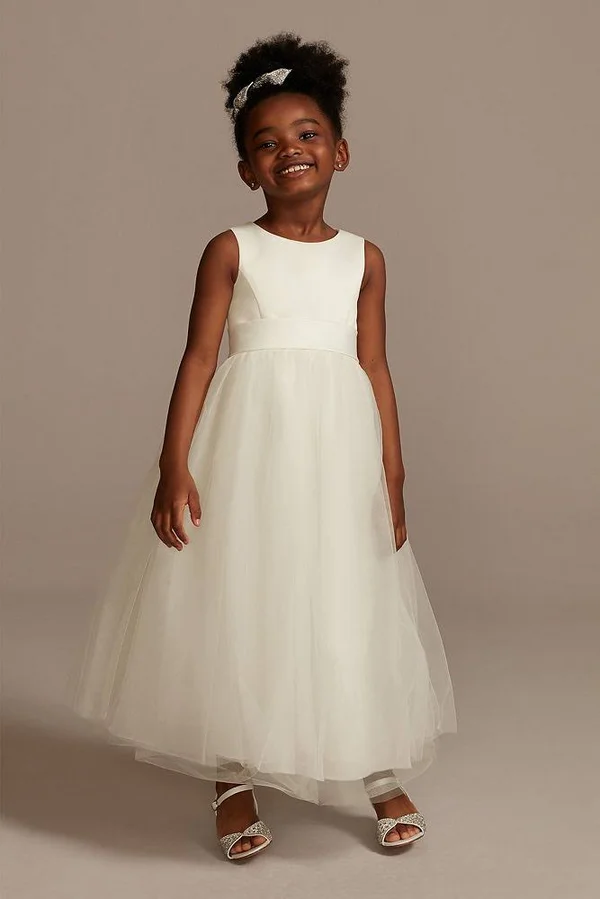 Satin Flower Girl - Communion Dress with Tulle Skirt - White, 4