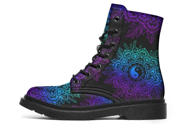 Yin Yang Mandala Boots - Vegan Black Boots, YesWeVibe Women's Boots, Black Sole, US 5, EU35.5