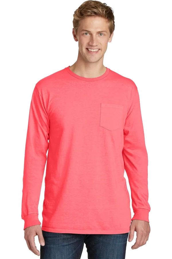 24 Promotional Port and Company PC099LSP Pigment-Dyed Long Sleeve Pocket Tee - Neon Coral - L
