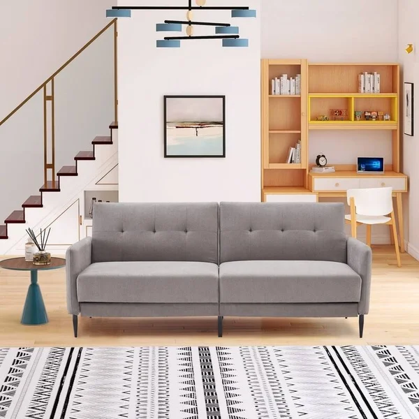 Modern Linen Convertible Folding Futon Sofa Bed for Apartment, Dorm - Grey