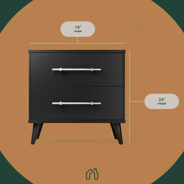 Rest Haven Mid-Century Modern 2 Drawer Nightstand, Black