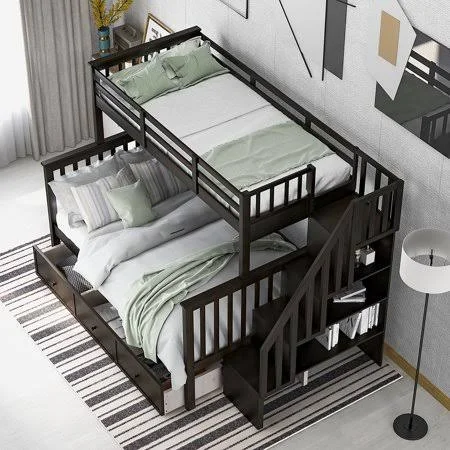 Clearance Stairway Twin-Over-Full Bunk Bed with Drawers Storage Shelf and Guard Rail for Boys Girls Kids Adults, Espresso, Brown