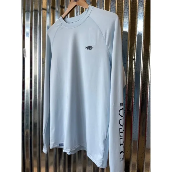 AFTCO Men’s Yurei Airomesh Long Sleeve Performance Shirt Light Blue Heather, Small