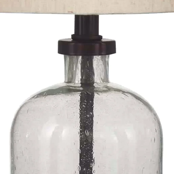 Benjara Cylindrical Seeded Glass Table Lamp with Fabric Drum Shade - Beige and Clear