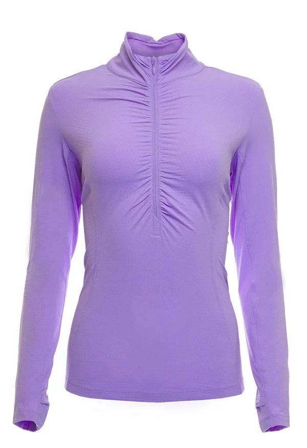 IBKUL Women's Long Sleeve Ruched Mock Neck Golf Polo, Large, Lavender