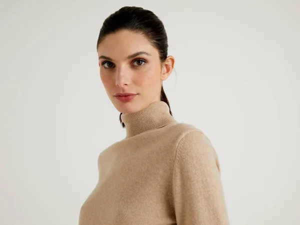 Benetton - Beige Turtleneck Sweater in Pure Merino Wool Customizable, Size M, Beige, Women